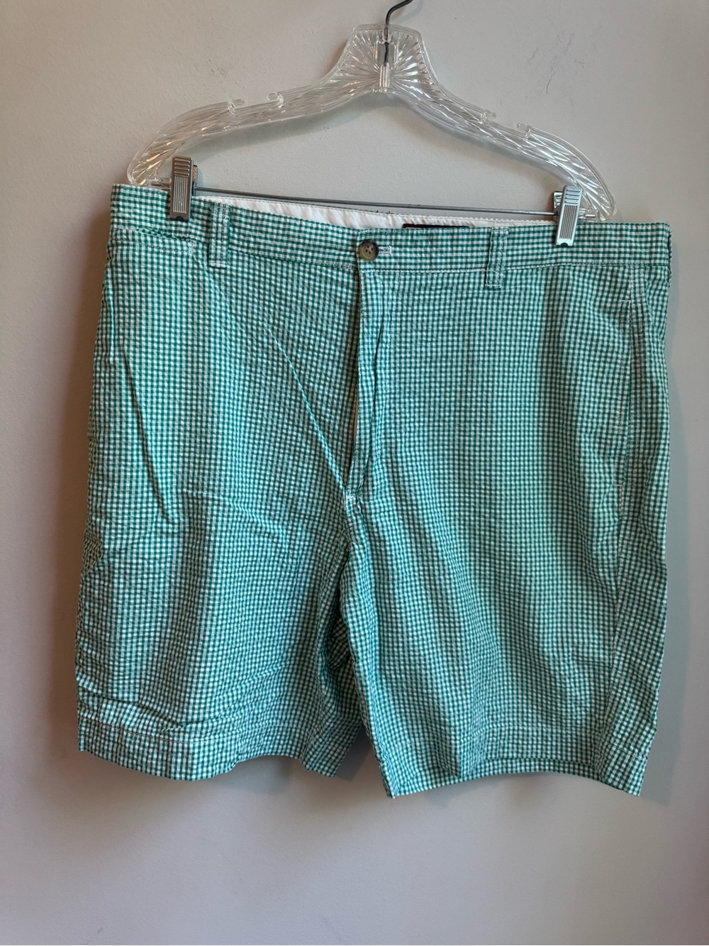 Chaps Men Green Gingham Seersucker Feel Flat Front Shorts Size 38 EUC